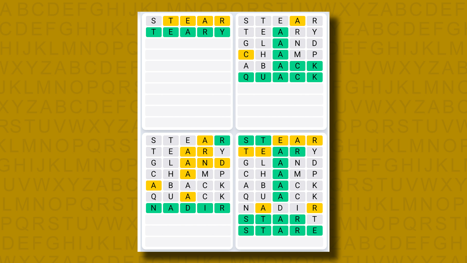 Quordle Daily Sequence Answers for the game 1324 on a yellow background