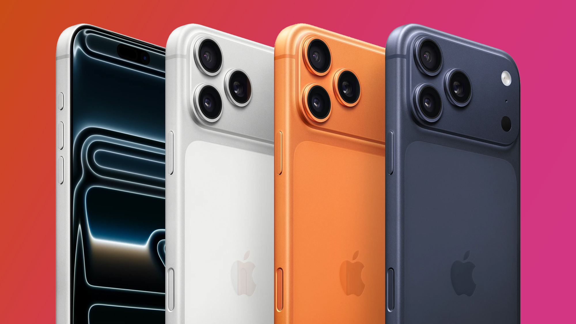 Four iPhone 17 pro Max phones on an orange and pink background