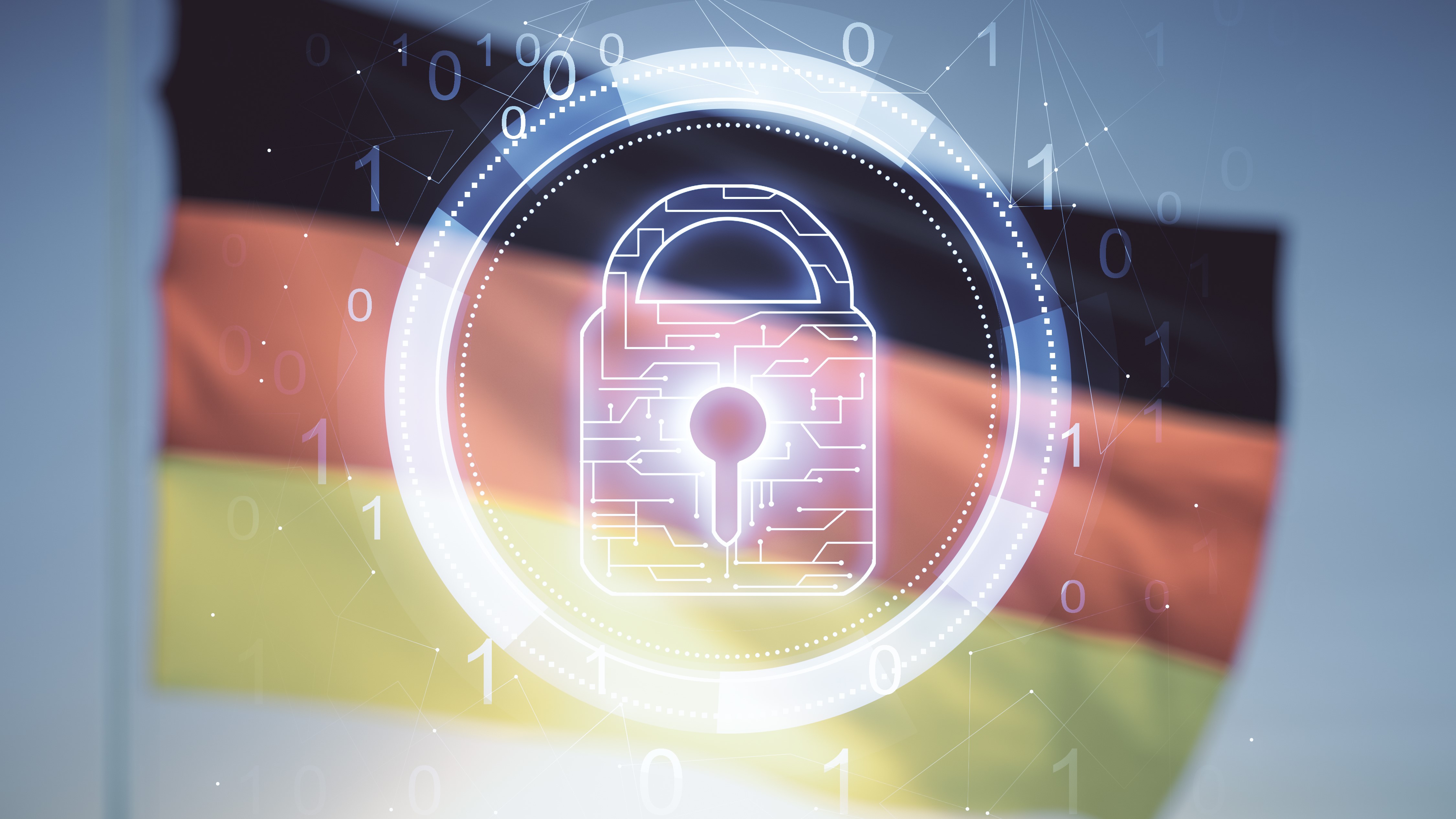 Double exposure of the virtual creative locking hologram with chip on the German flag and the bottom of the blue sky. Information security concept