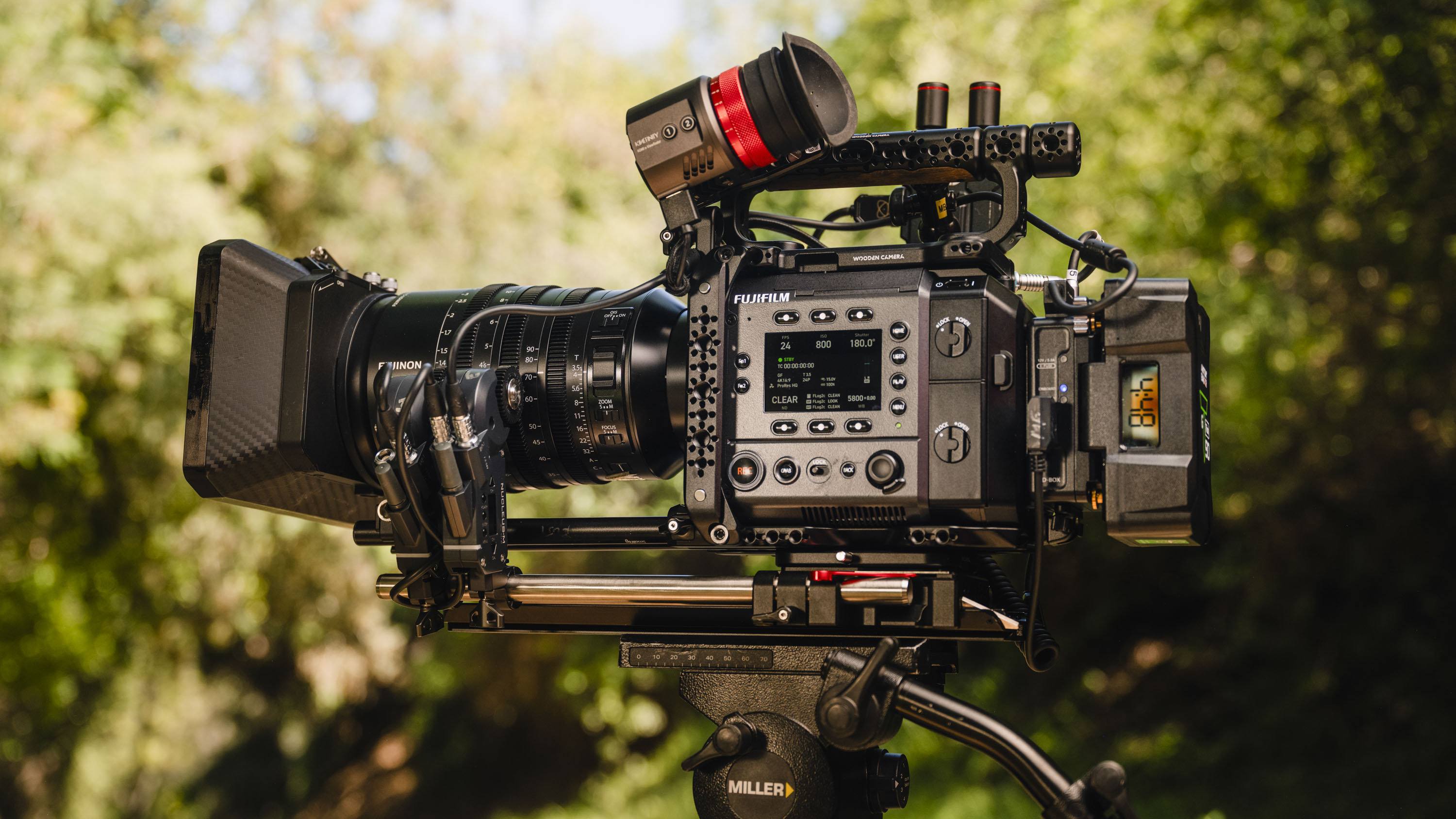 Fujifilm GFX Eterna 55 movie camera outside on a video tripod