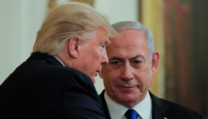 US President Donald Trump and Israel Prime Minister Benjamin Netanyahu speak in the middle of a joint press conference at the White House in Washington, United States, January 28, 2020.