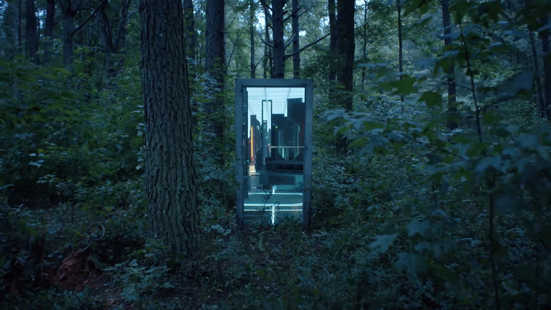 A door of the quantum unfolding room in the middle of a forest in season 2 of season 2 episode 4
