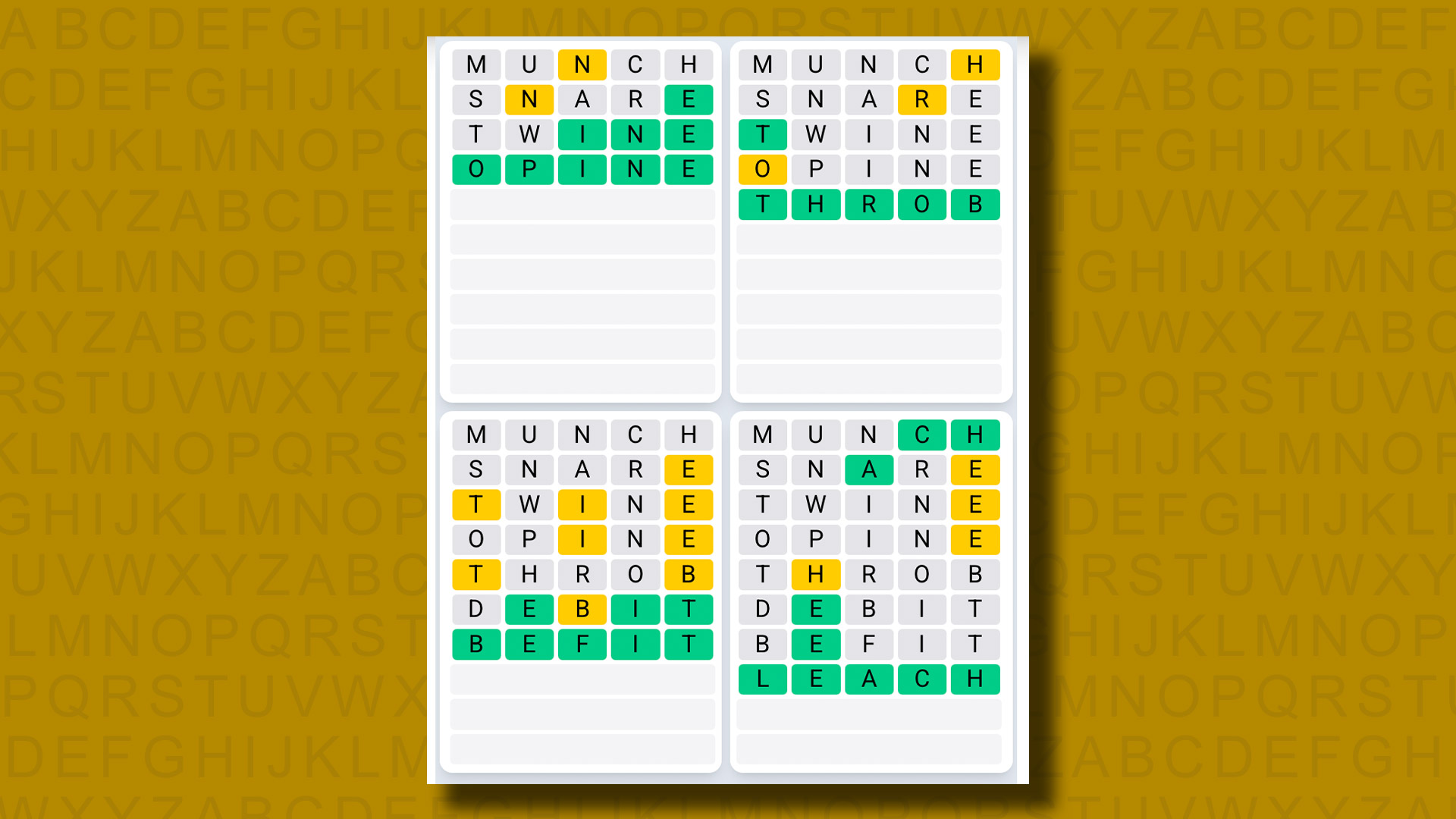 Quordle Daily Sequence Answers for the game 1327 on a yellow background