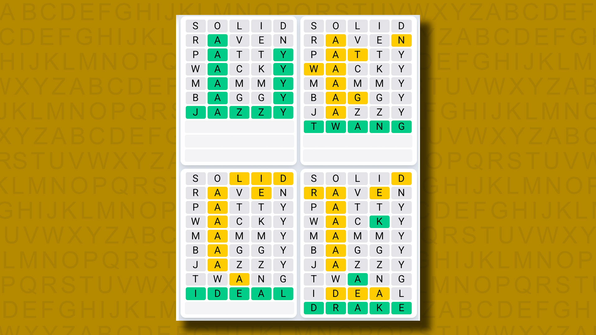Quordle Daily Sequence Answers for the game 1328 on a yellow background
