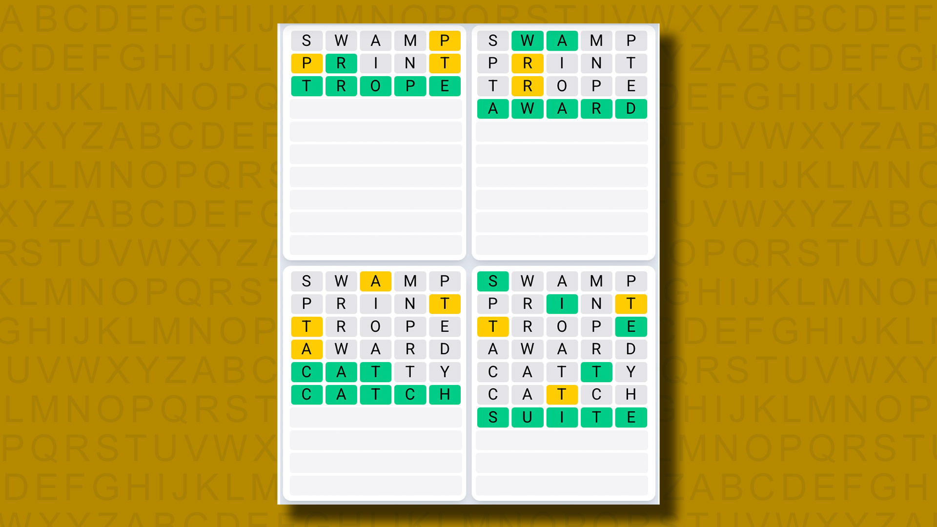 Quordle Daily Sequence Answers for the game 1329 on a yellow background
