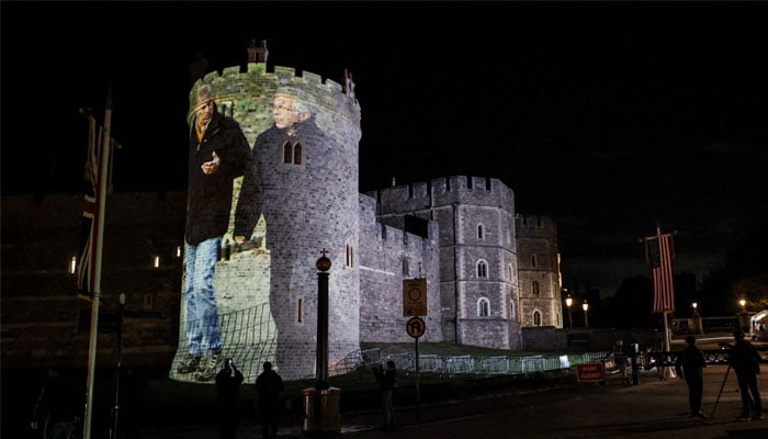 Britain Prince Andrew alongside the disgraced financier, Jeffrey Epstein, is projected on Windsor's castle, after the arrival of American president Donald Trump and the first lady Melania Trump for a state visit to the country, Windsor, Berkshire, Britain on September 16, 2025. Reuters / Noble Phil.