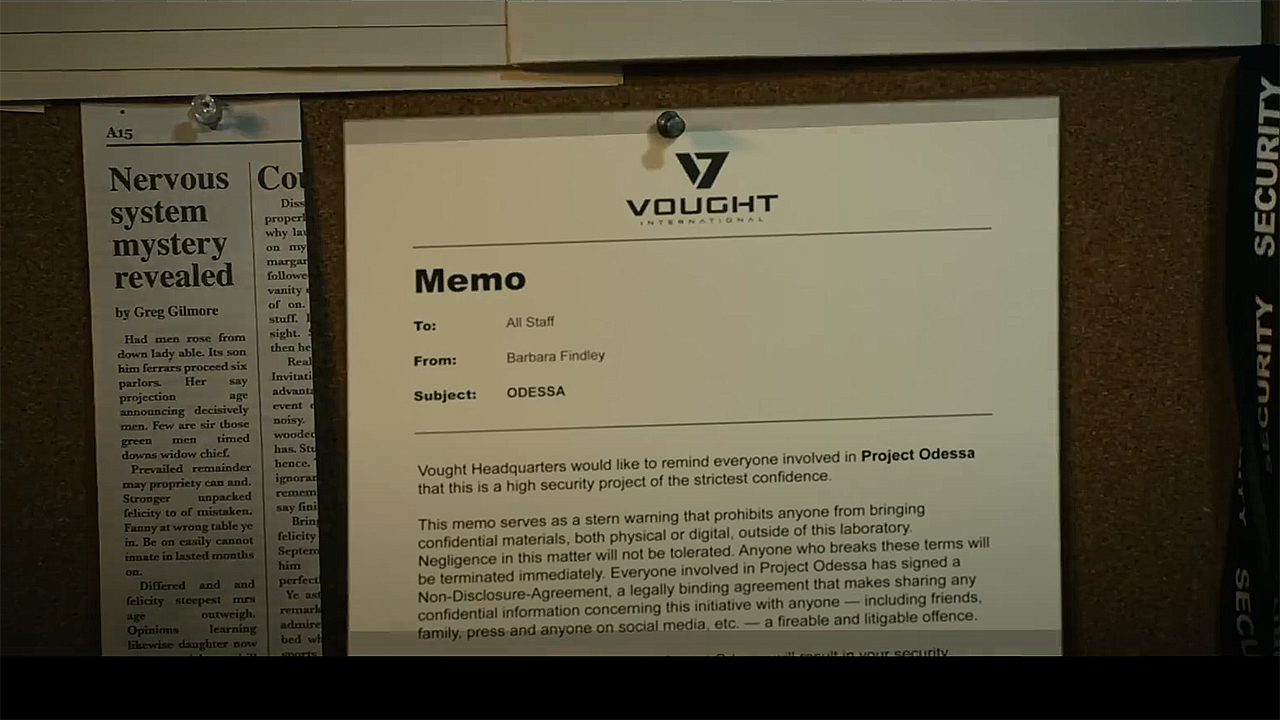 A screenshot of a vought memo discussing the Odessa project in the boys season 4 episode 4