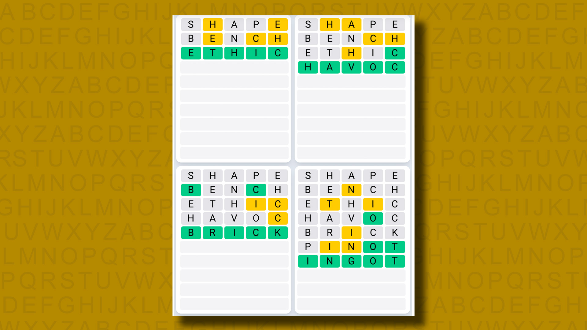 Quordle Daily Sequence Answers for the game 1332 on a yellow background