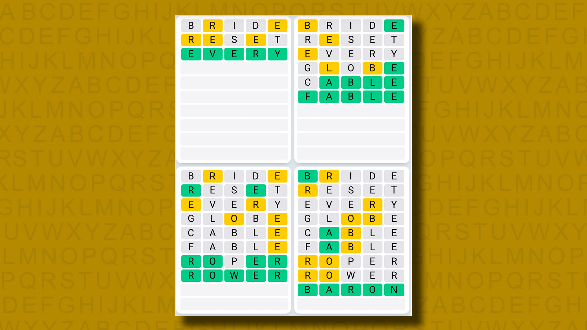 Quordle Daily Sequence Answers for the game 1333 on a yellow background