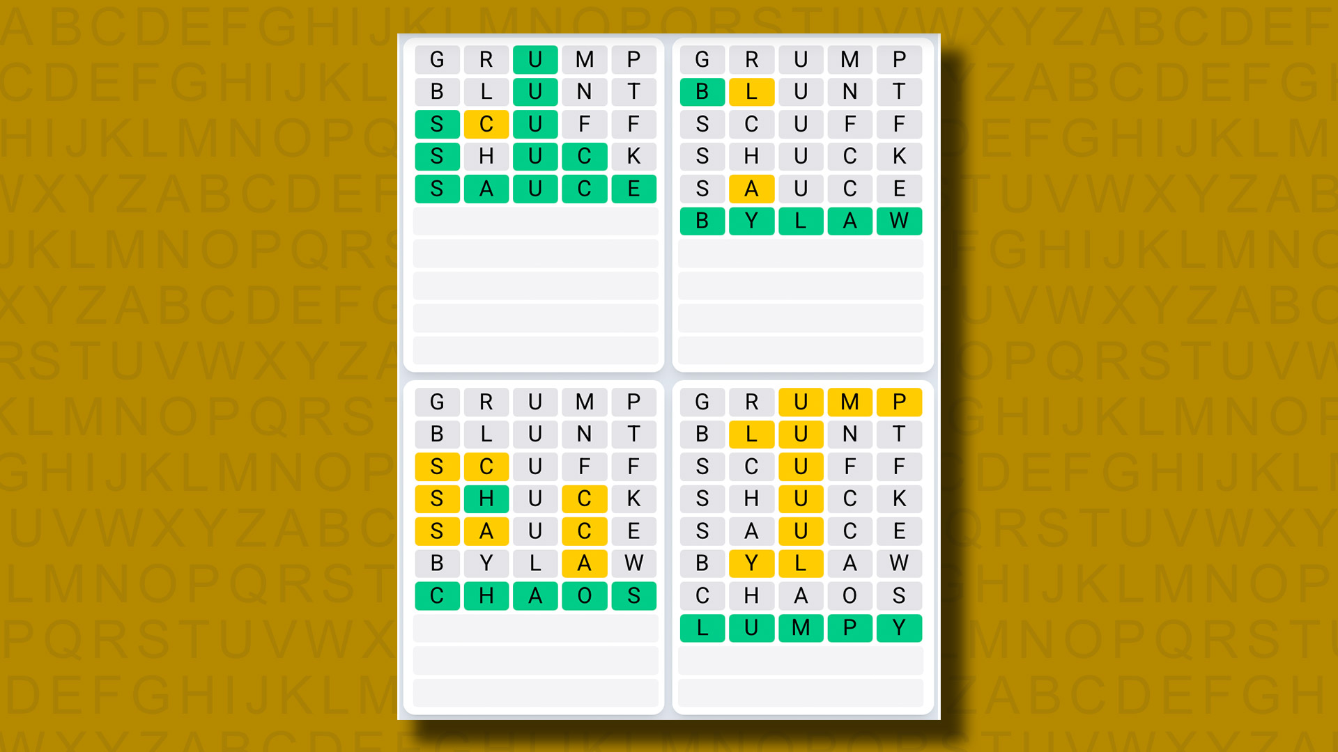 Quordle Daily Sequence Answers for the game 1334 on a yellow background