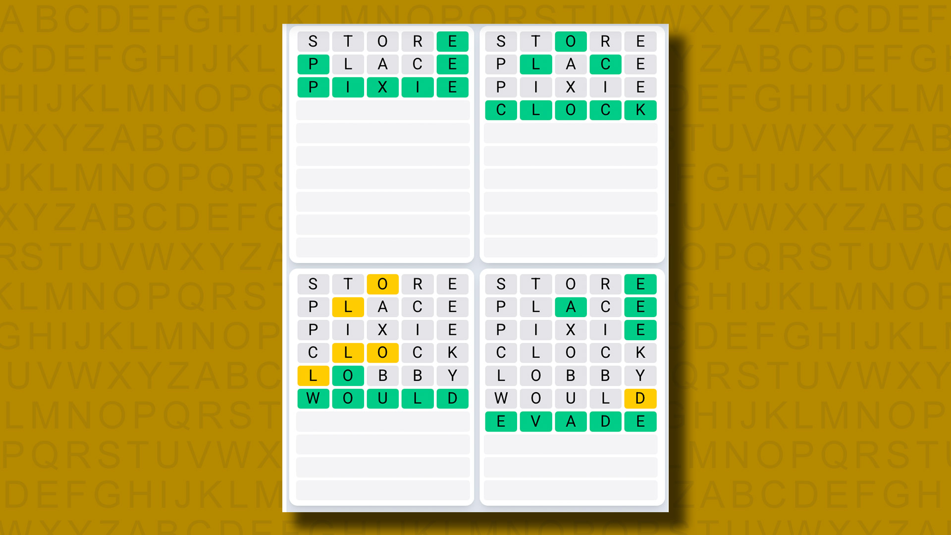 Quordle Daily Sequence Answers for the game 1336 on a yellow background