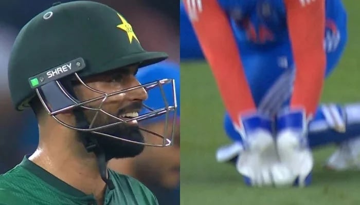 This collage of the image shows that the Pakistans Fakhar Zaman (on the left) react to his dismissal and Indias Sanju Samson collecting the ball during their match acci mens T20 Asia Cup at Dubai International Cricket Stadium in Dubai on September 21, 2025. - Livestream / Screengrab.