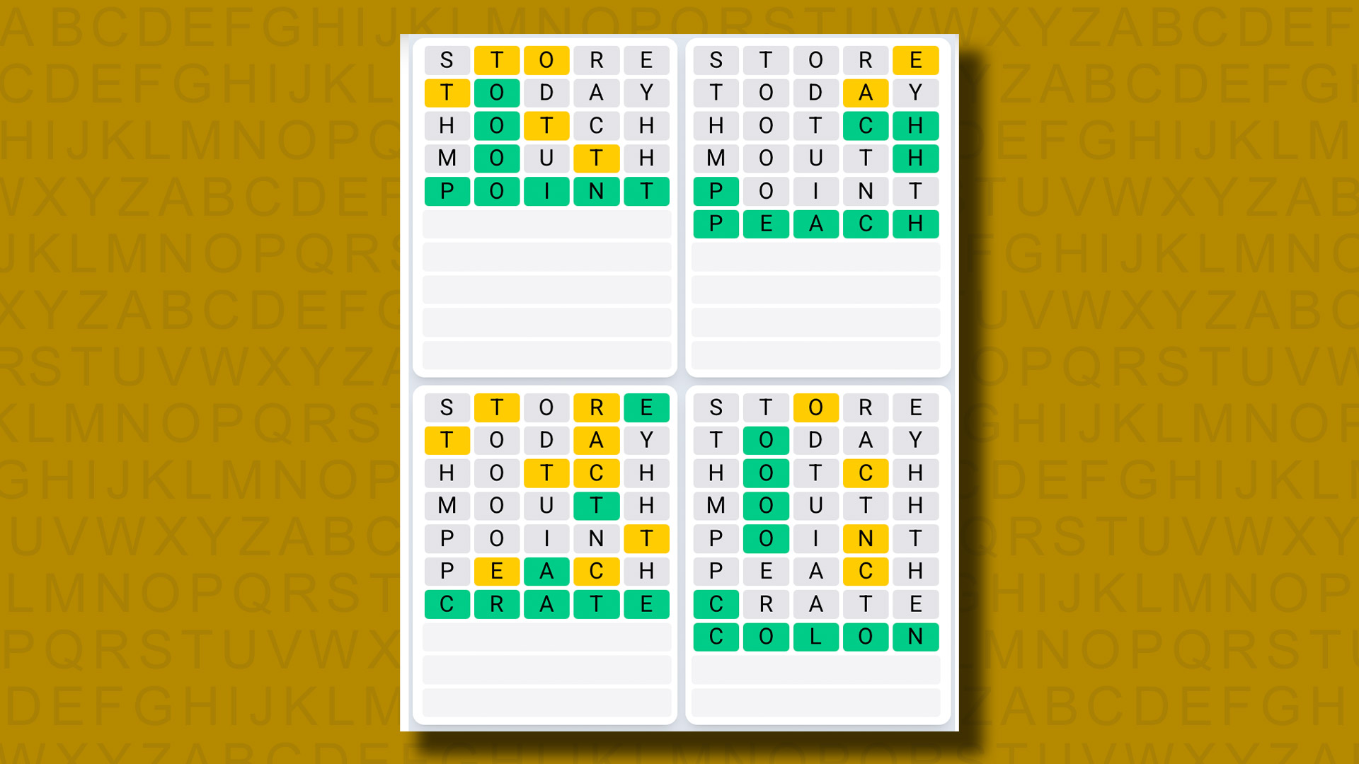 Quordle Daily Sequence Answers for the game 1338 on a yellow background