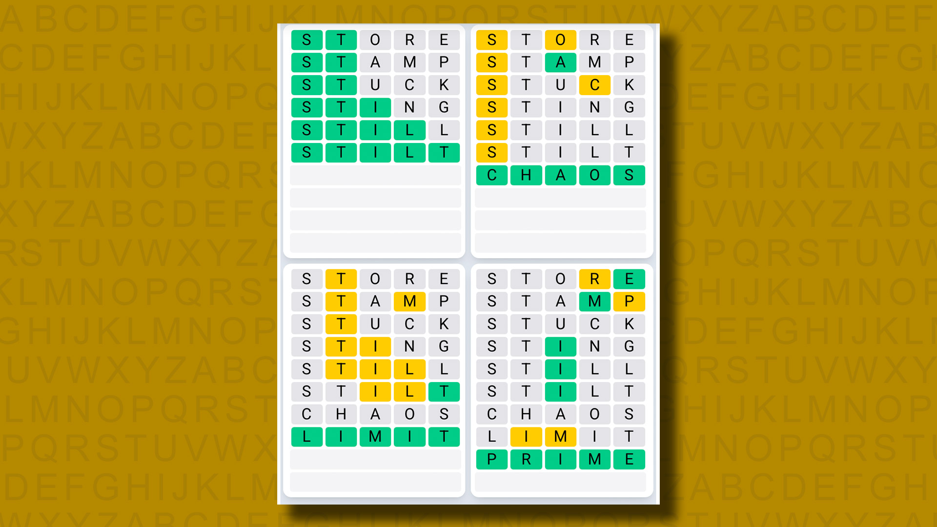 Quordle Daily Sequence Answers for the game 1339 on a yellow background