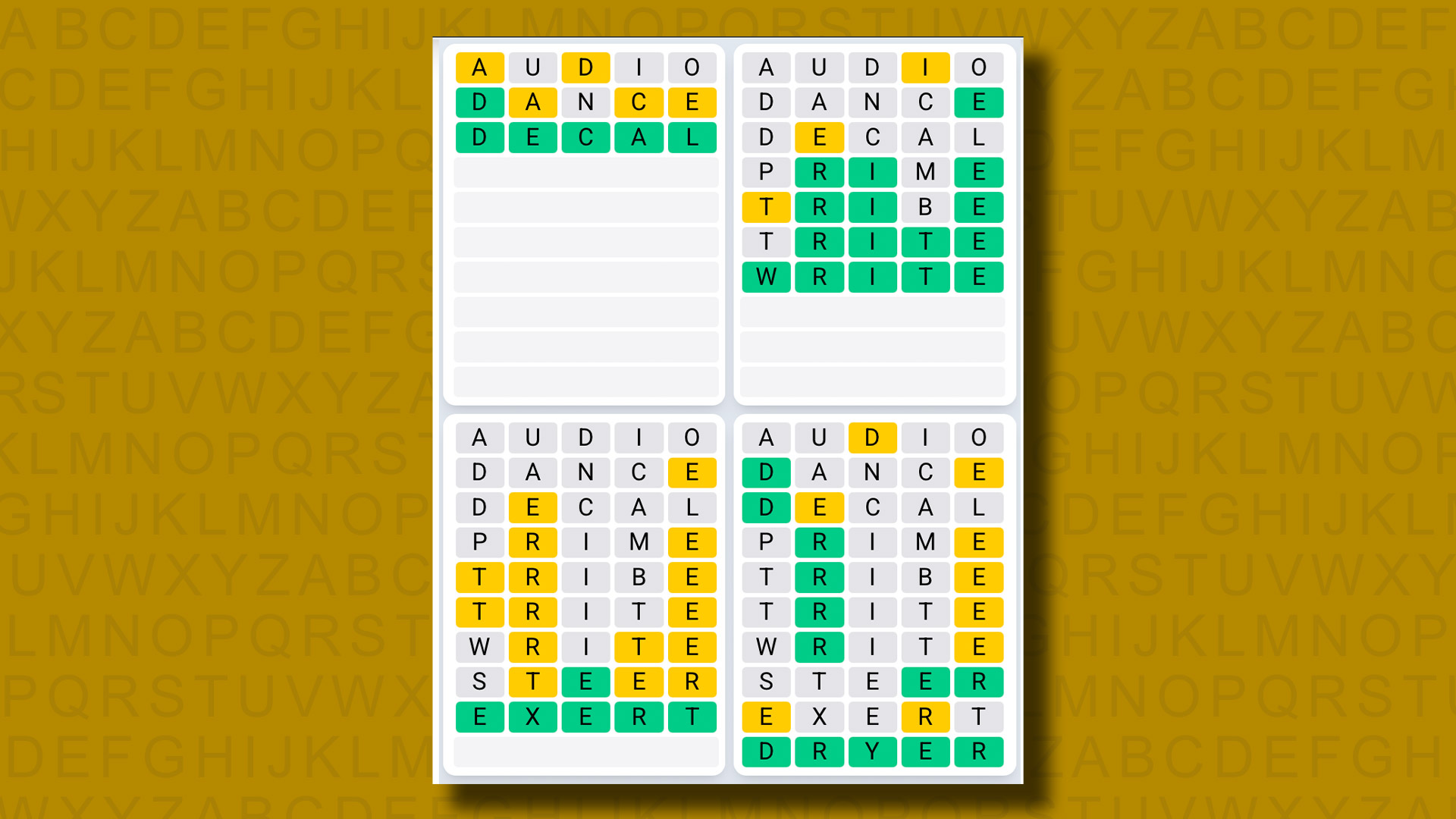 Quordle Daily Sequence Answers for the game 1340 on a yellow background