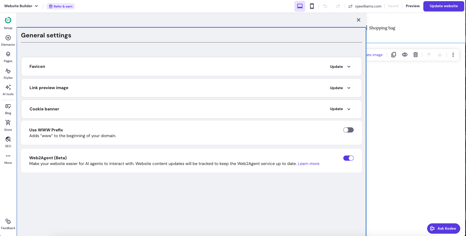 Screenshot of the Builder dashboard of the Hostinger website with option to activate web2agent