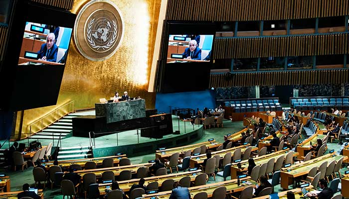 Permanent Palestinian Observer of the UN Riyad H Mansour, on the screens while it is addressed to the delegates after the UNGA vote on the question of Palestine and the implementation of the two -state solution, at the UN headquarters in New York, in the United States on September 12, 2025. - Reuters