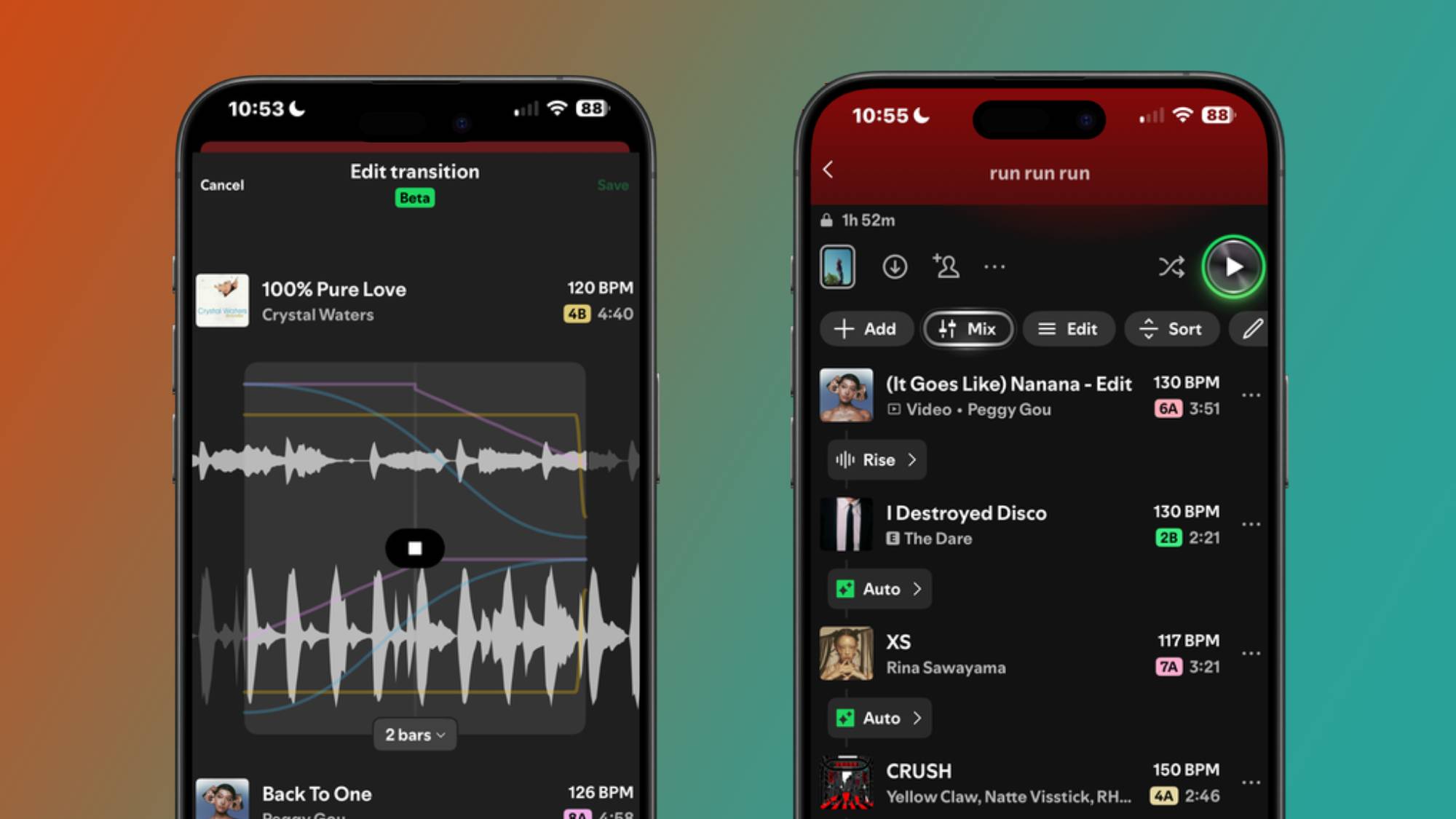 A spotify mixed reading list on an iPhone next to another iPhone displaying mixing software in the application