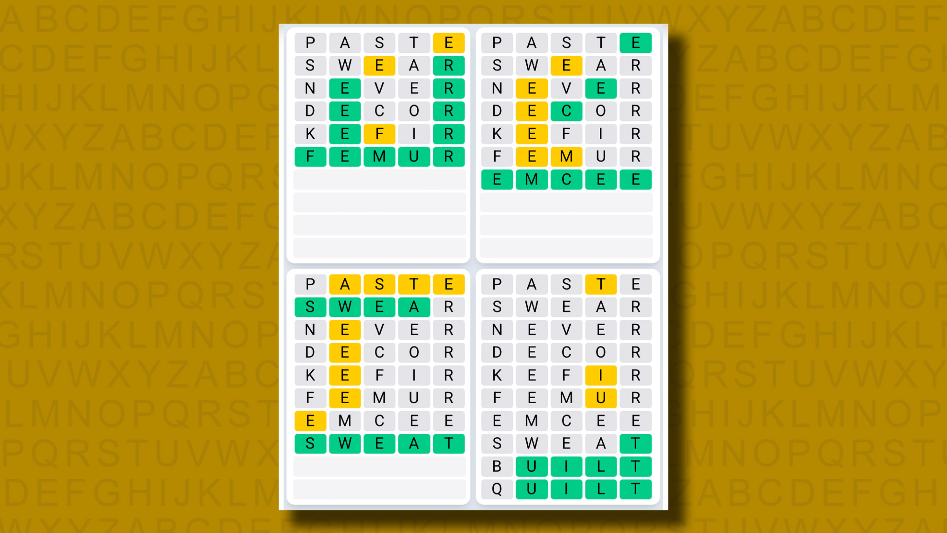 Quordle Daily Sequence Answers for the game 1341 on a yellow background