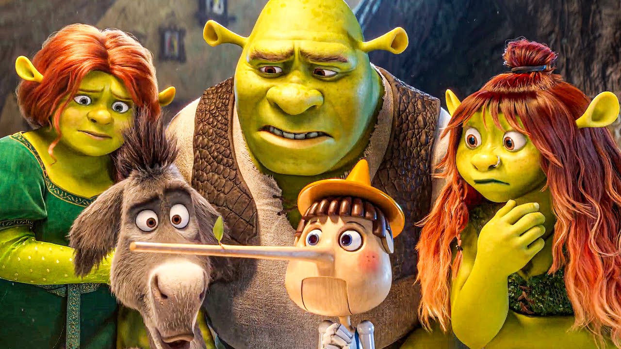 Fiona, Donkey, Shrek and Felicia looking at the long nose of Pinocchio in Shrek 5