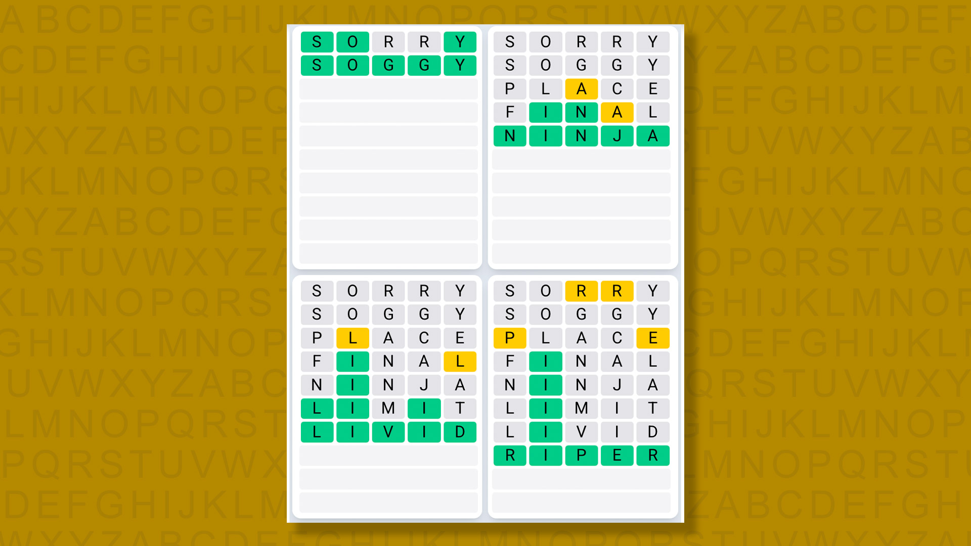 Quordle Daily Sequence Answers for the game 1342 on a yellow background