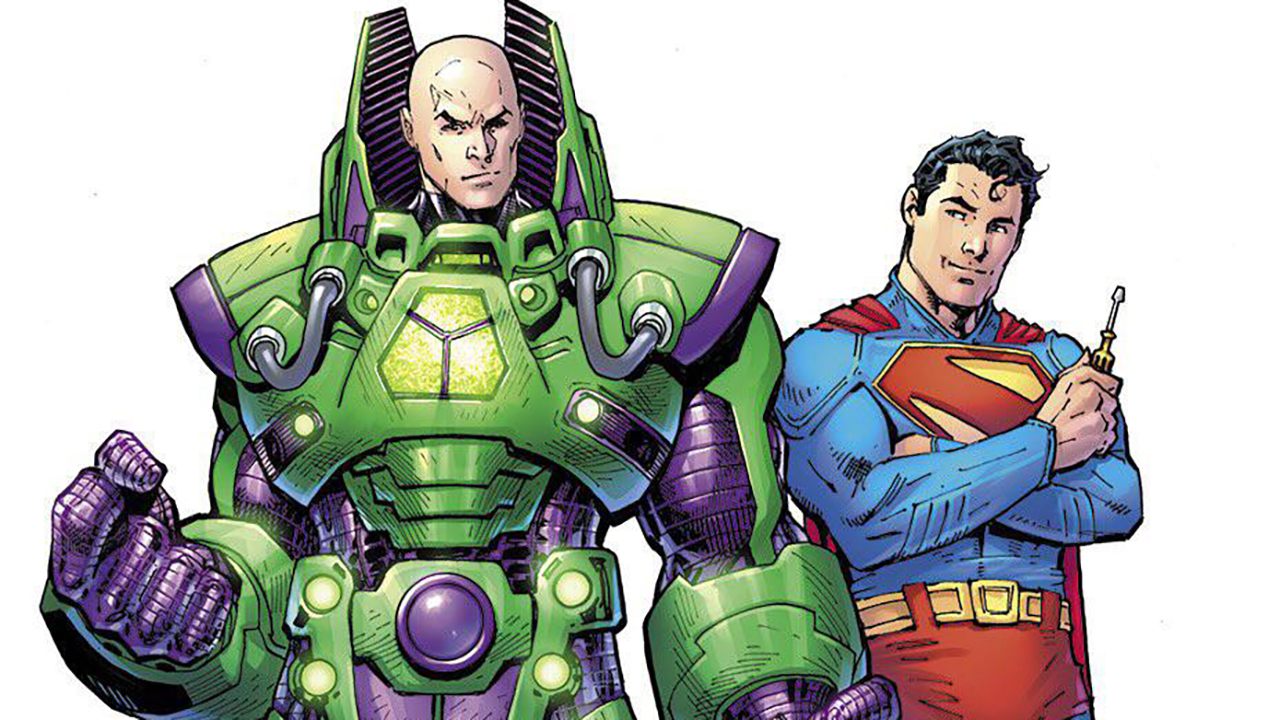 An illustration of Jim Lee by Lex Luthor in his combination with Superman leaning against him