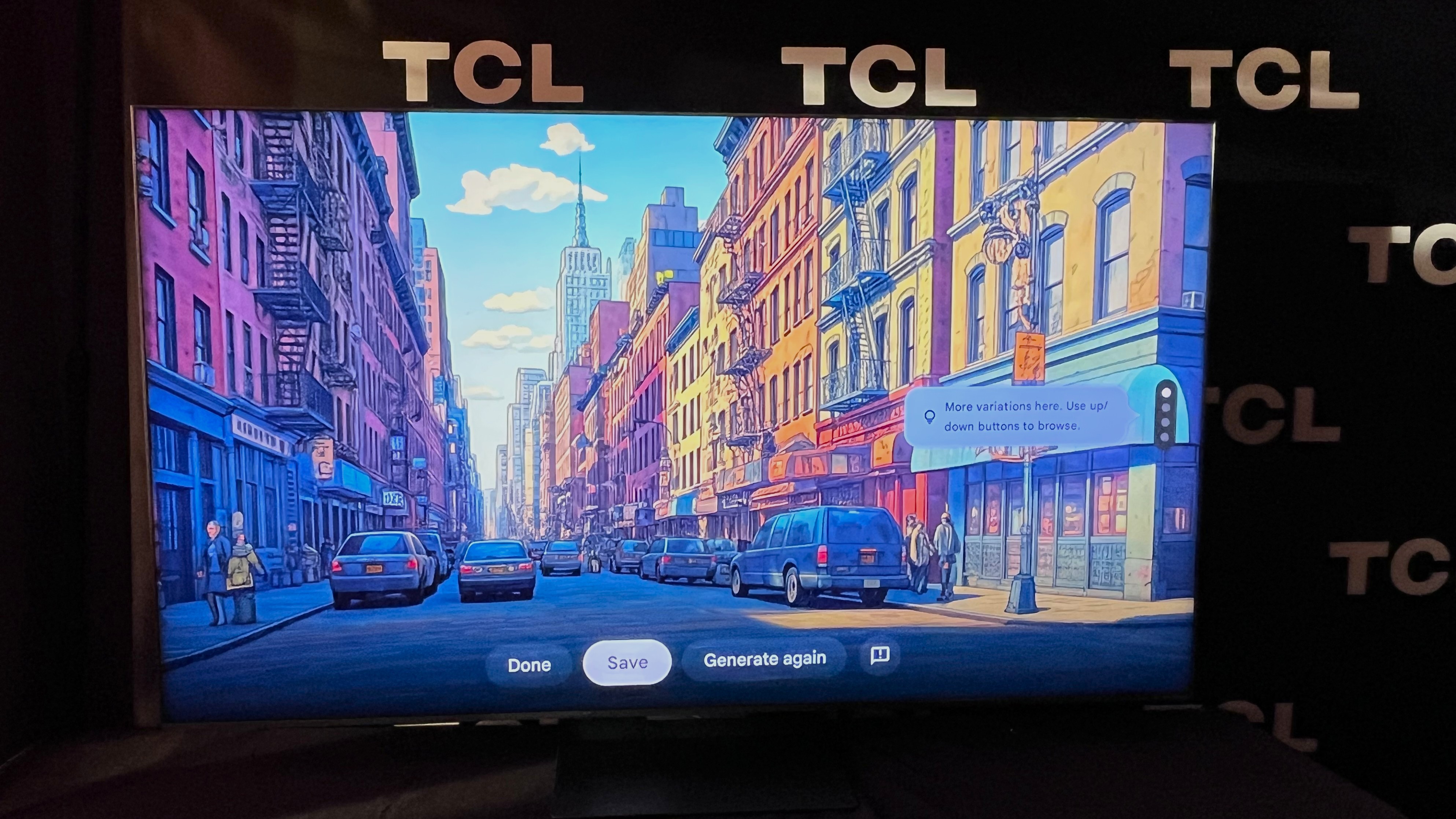 TCL QM9K TV showing a Miyazaki style image in the Soho district in New York