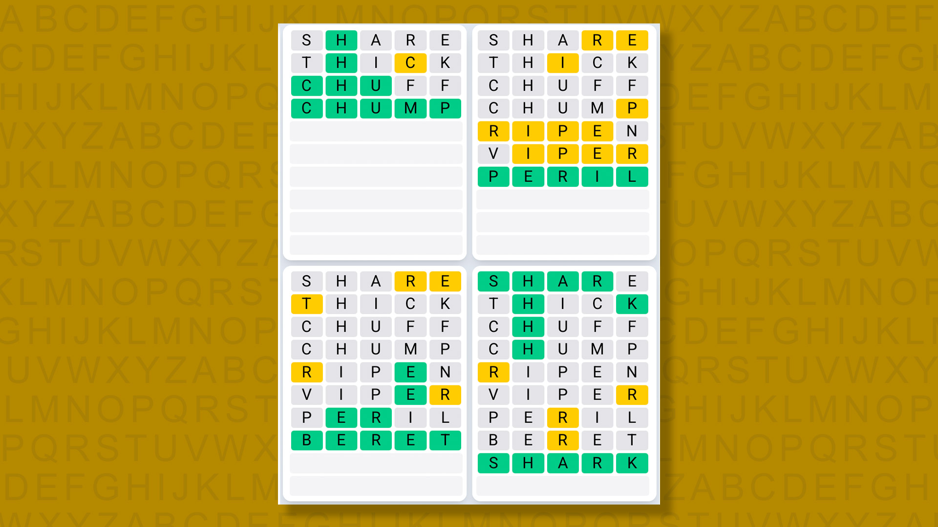 Quordle Daily Sequence Answers for the game 1344 on a yellow background