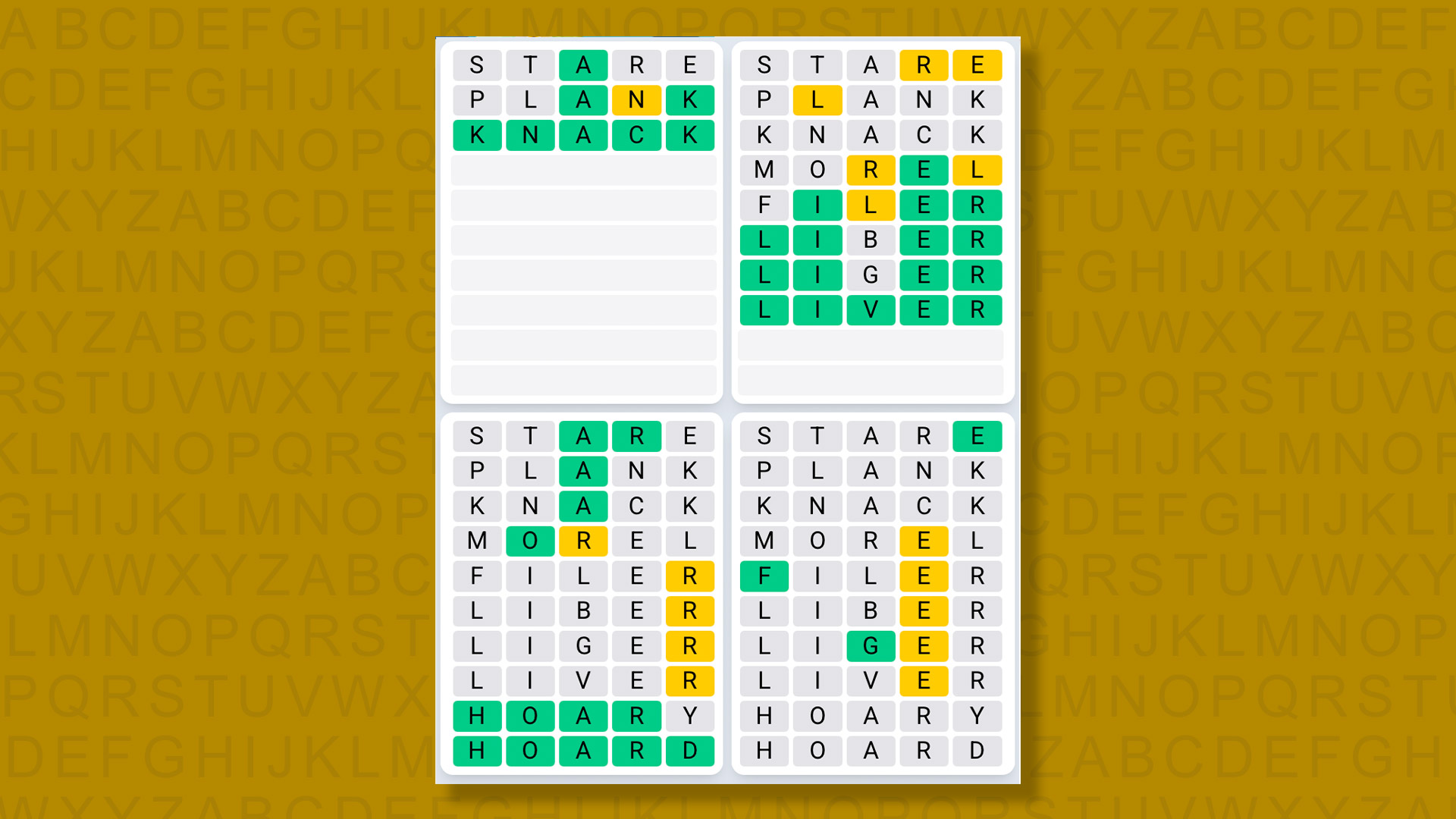 Quordle Daily Sequence Answers for the game 1345 on a yellow background