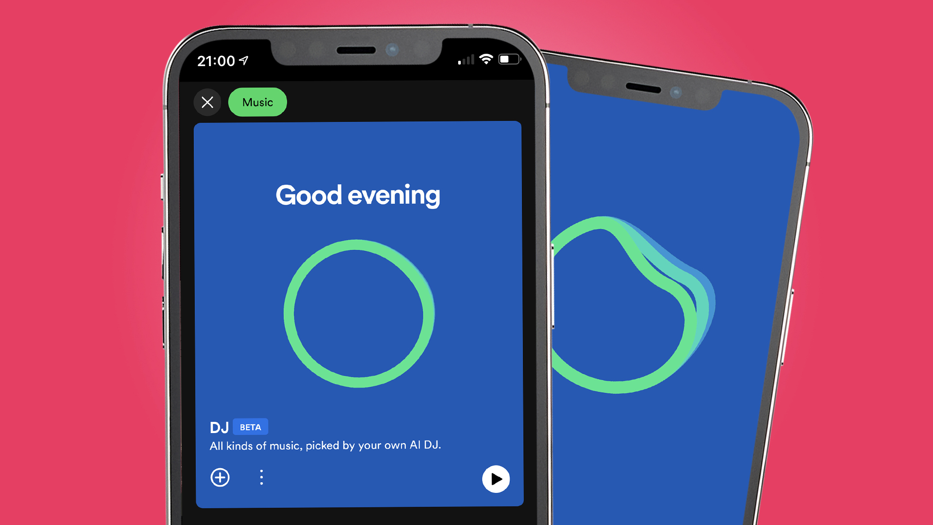 Two iPhones showing Spotify ai dj