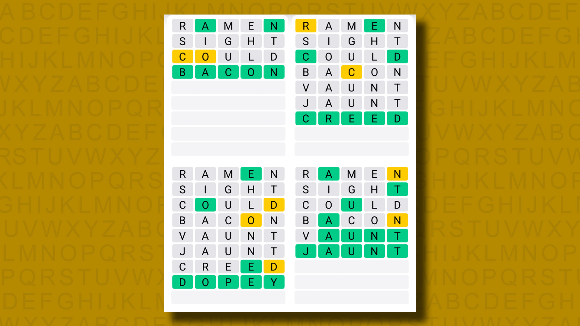 Quordle Answers for the game 1325 on a yellow background