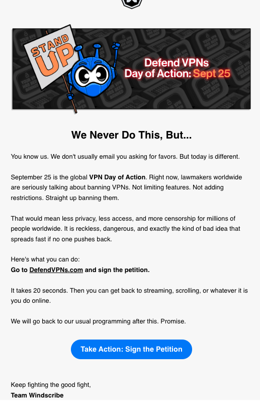 Windscriber email sent on September 25, 2025 for asking users to join the day of defense VPNS action