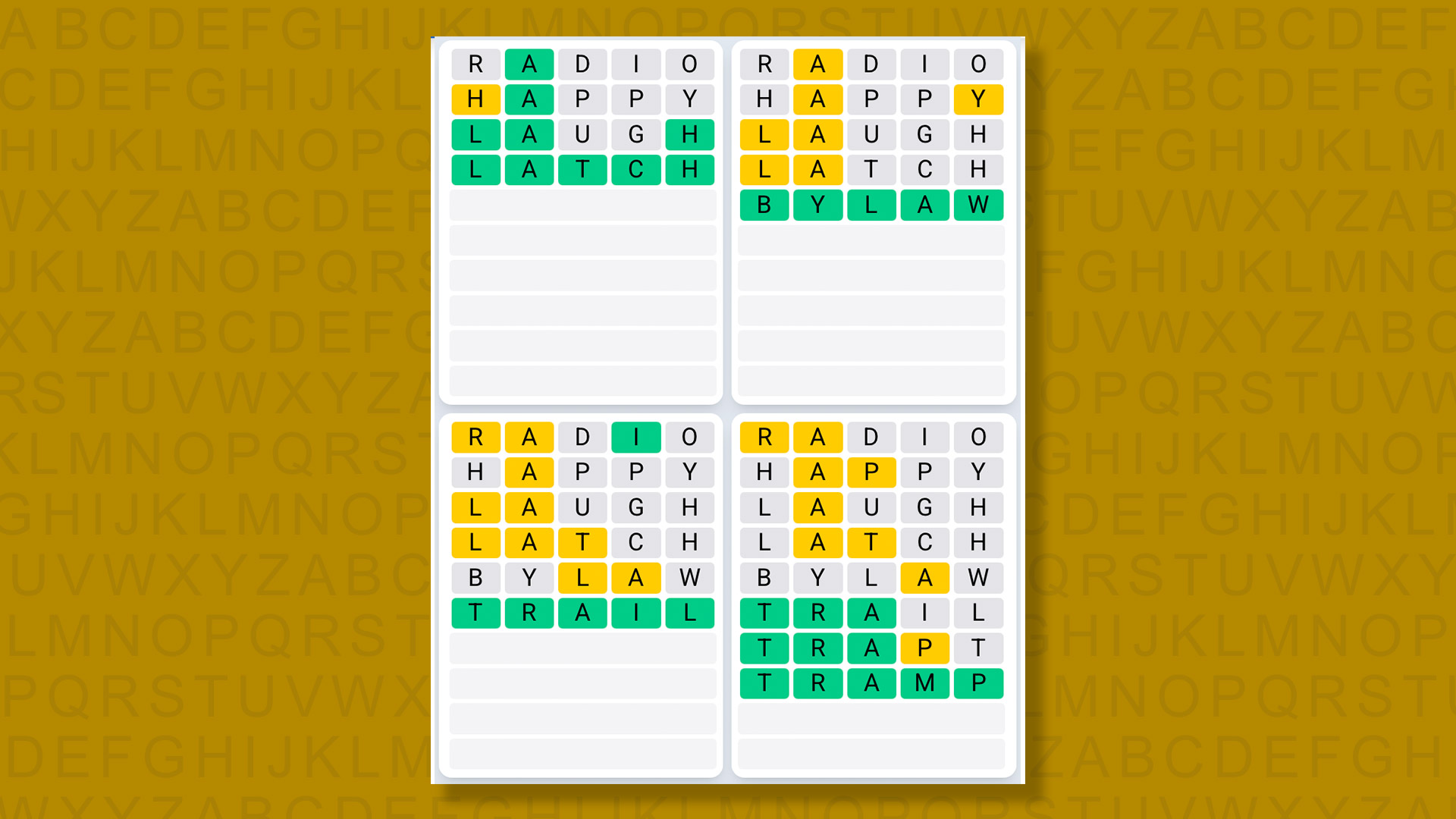 Quordle Daily Sequence Answers for the game 1346 on a yellow background