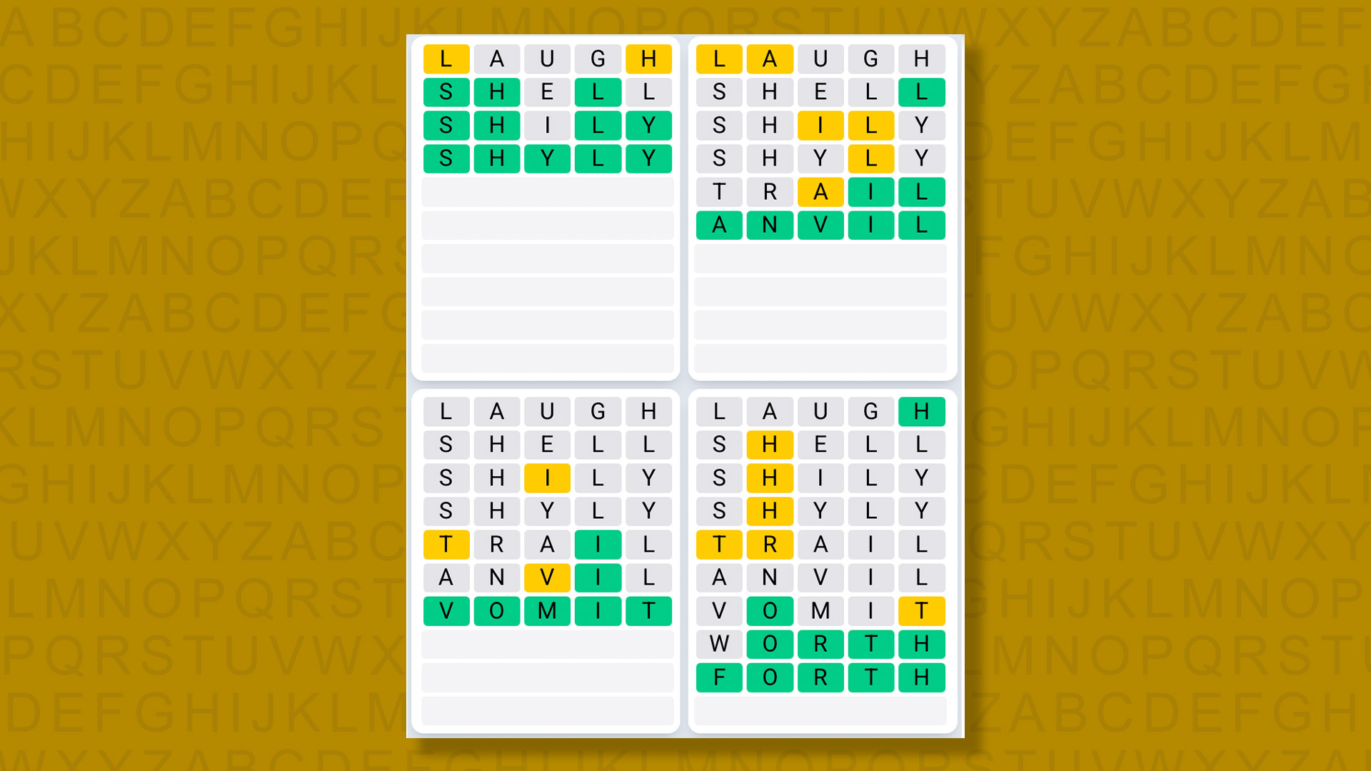 Quordle Daily Sequence Answers for the game 1347 on a yellow background