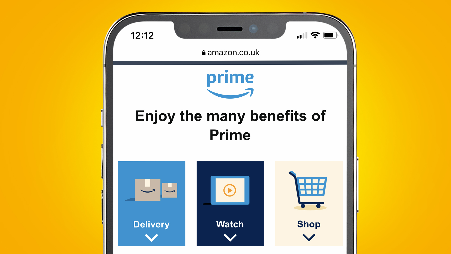 An iPhone on a yellow background showing the Amazon Prime destination page