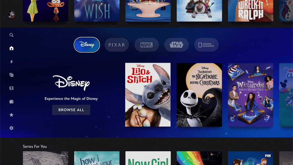A screen showing the Disney + interface