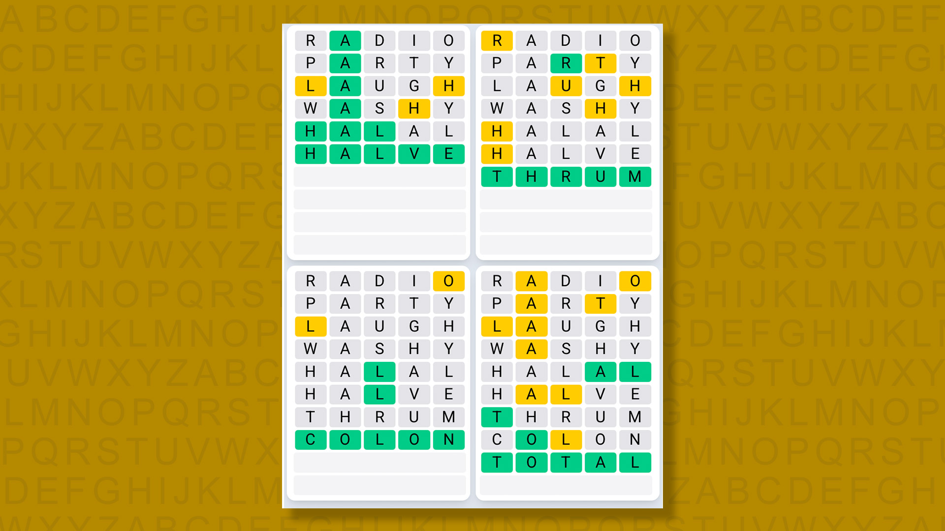 Quordle Daily Sequence Answers for the game 1348 on a yellow background
