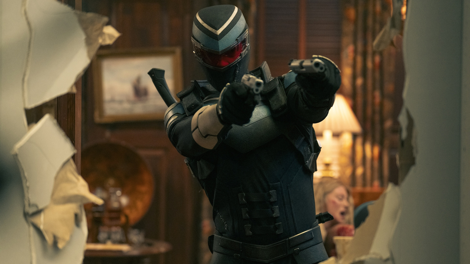 Adrian Chase / Vigilante with his high handguns in Peacemaker Season 2 Episode 7
