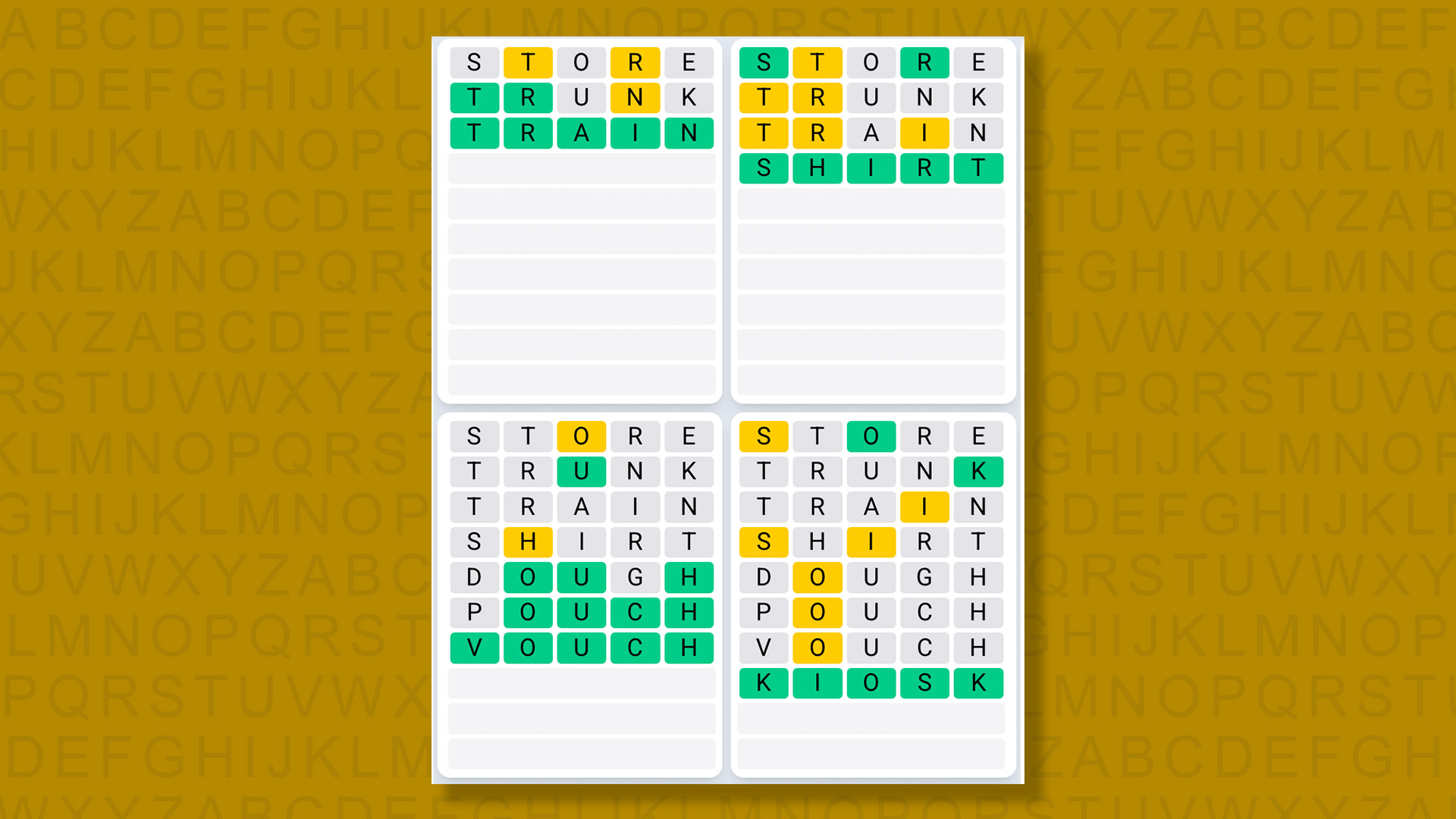 Quordle Daily Sequence Answers for the game 1349 on a yellow background