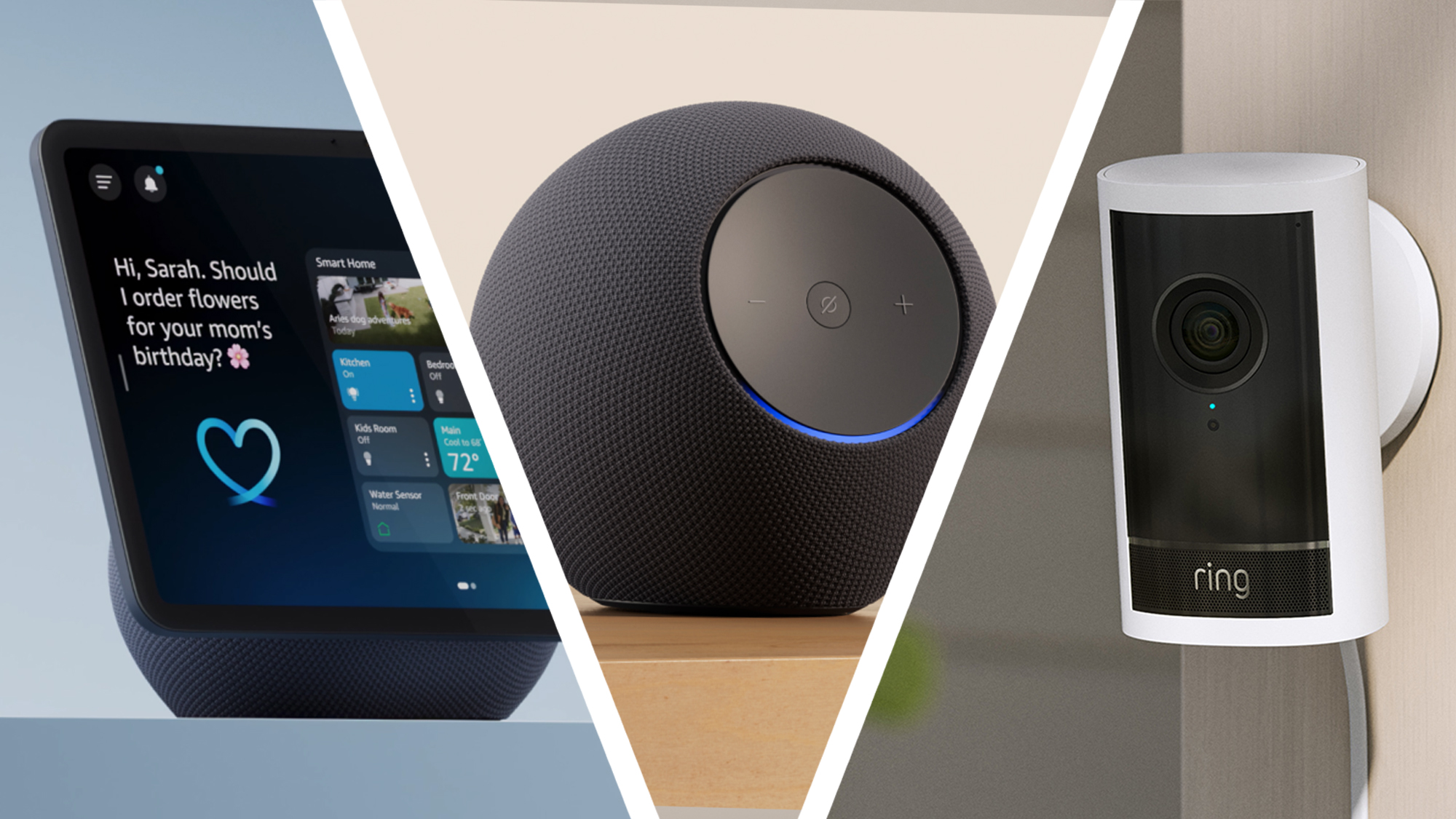 An Amazon Echo show next to an echo point and a ringtone