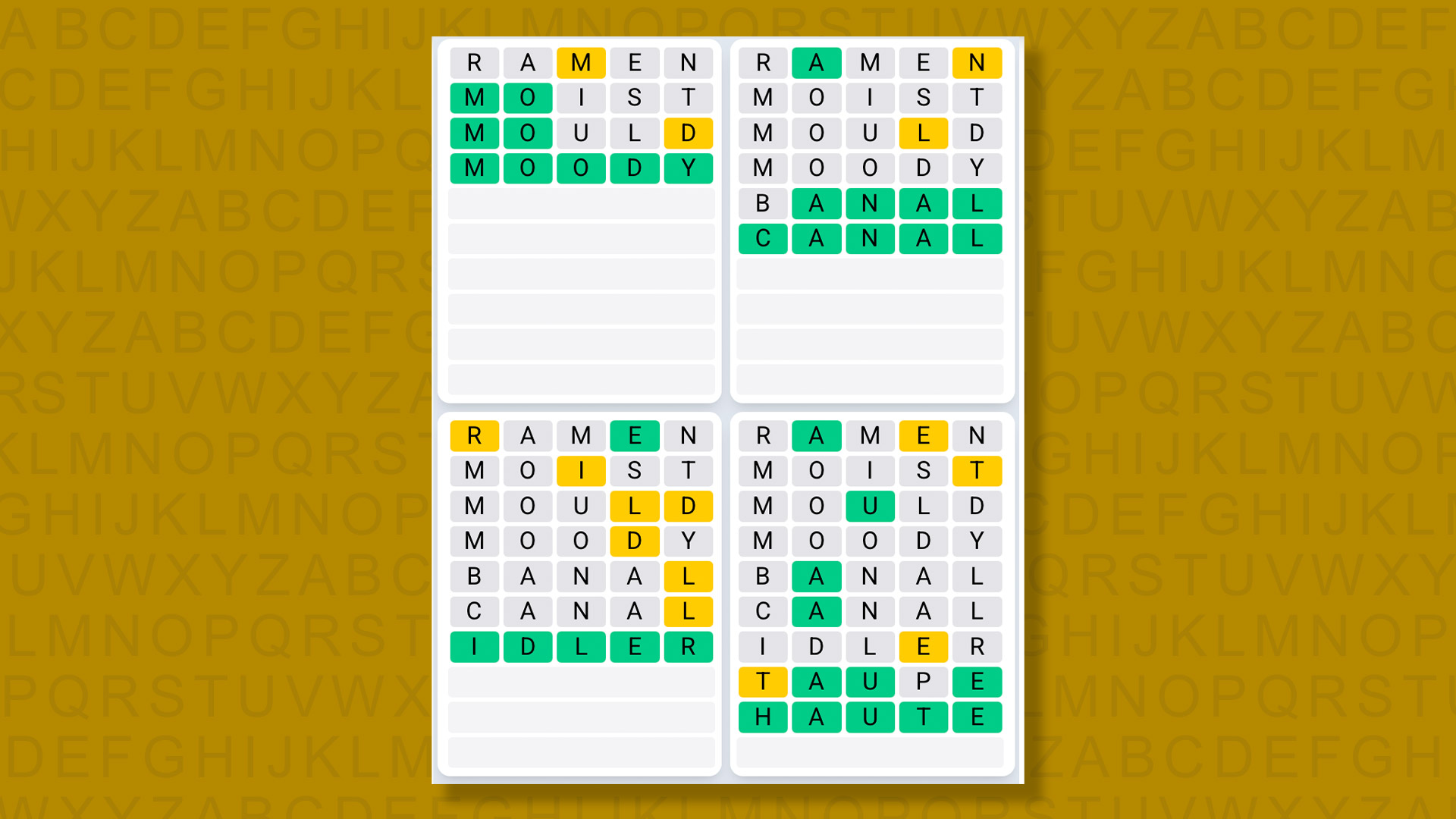 Quordle Daily Sequence Answers for the game 1350 on a yellow background