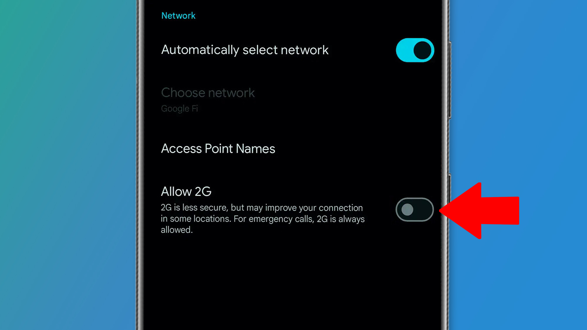 An Android phone on a green and blue background showing the 2G rocking setting