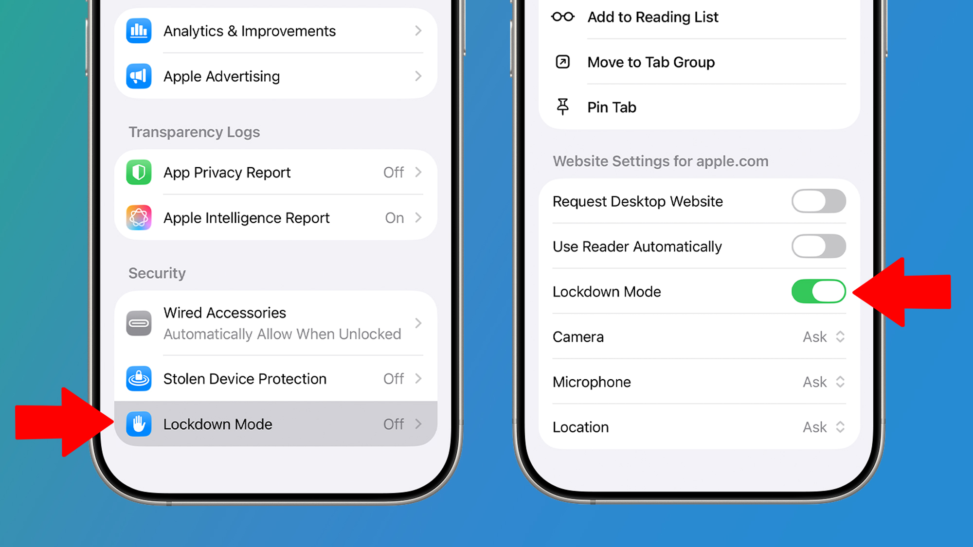 Two iPhones on a green and blue background showing the locking mode in the settings