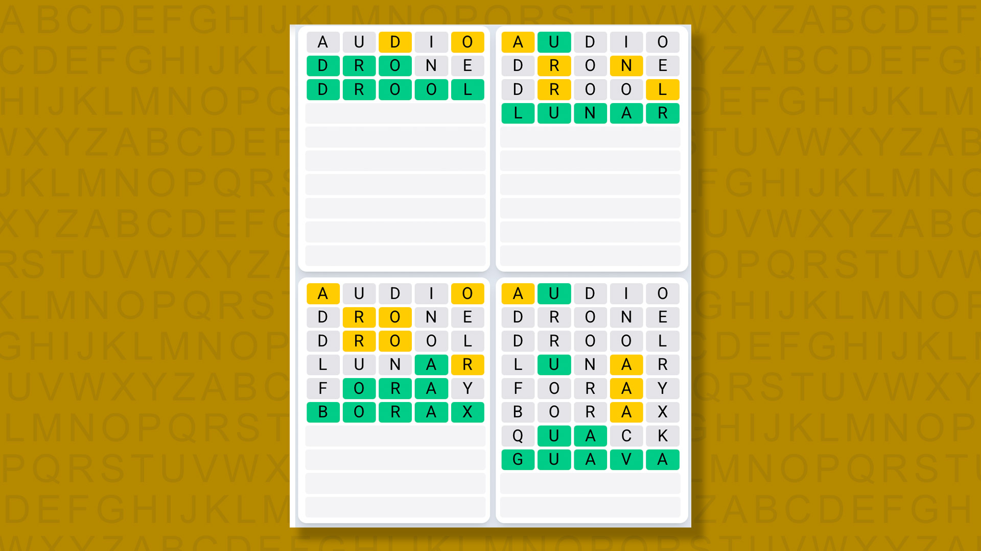 Quordle Daily Sequence Answers for the game 1351 on a yellow background