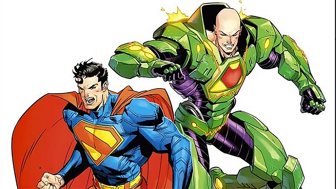 A colorful drawing by Jorge Jimenez by Superman and Lex Luthor carrying his power armor