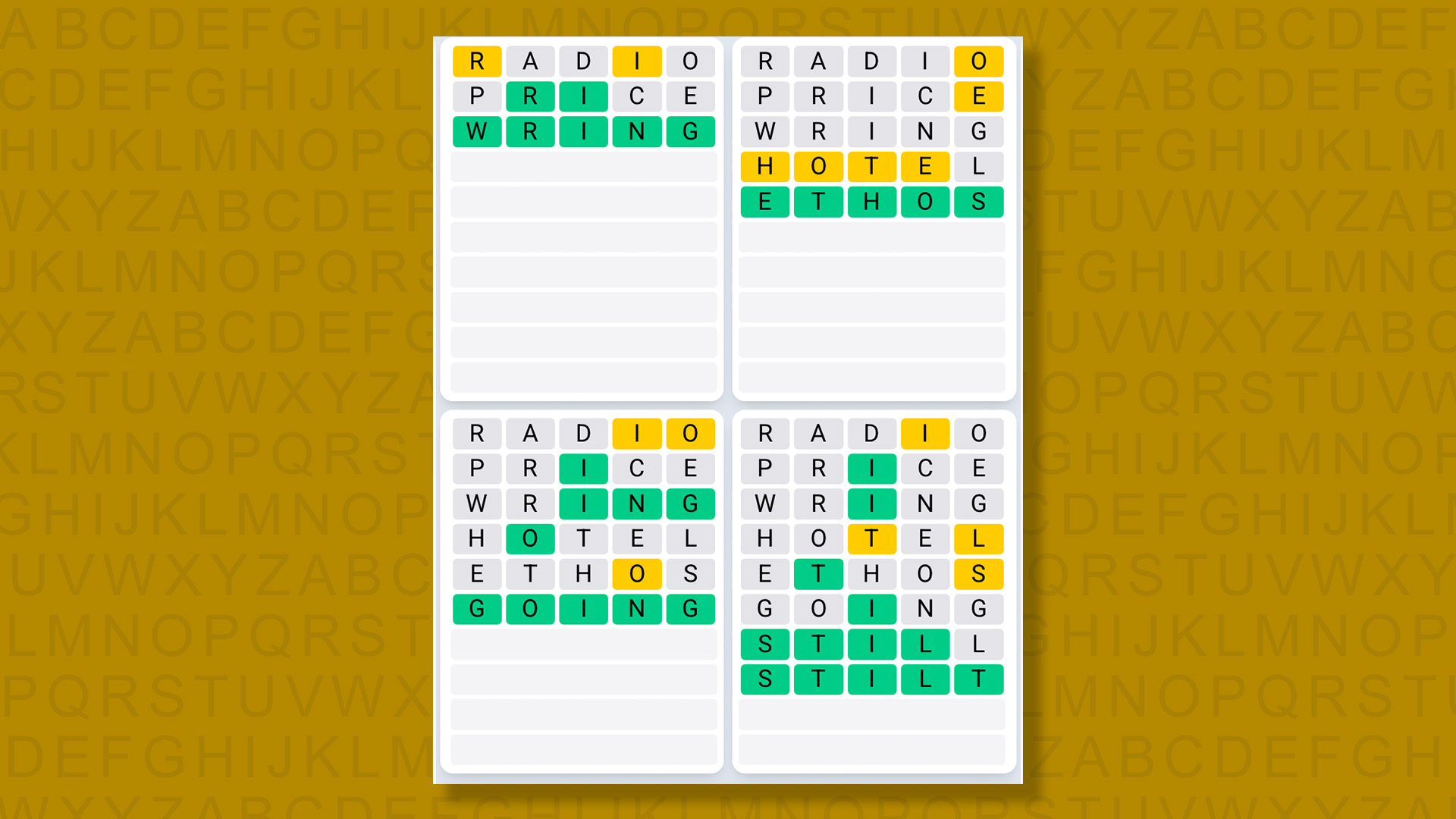 Quordle Daily Sequence Answers for the game 1352 on a yellow background