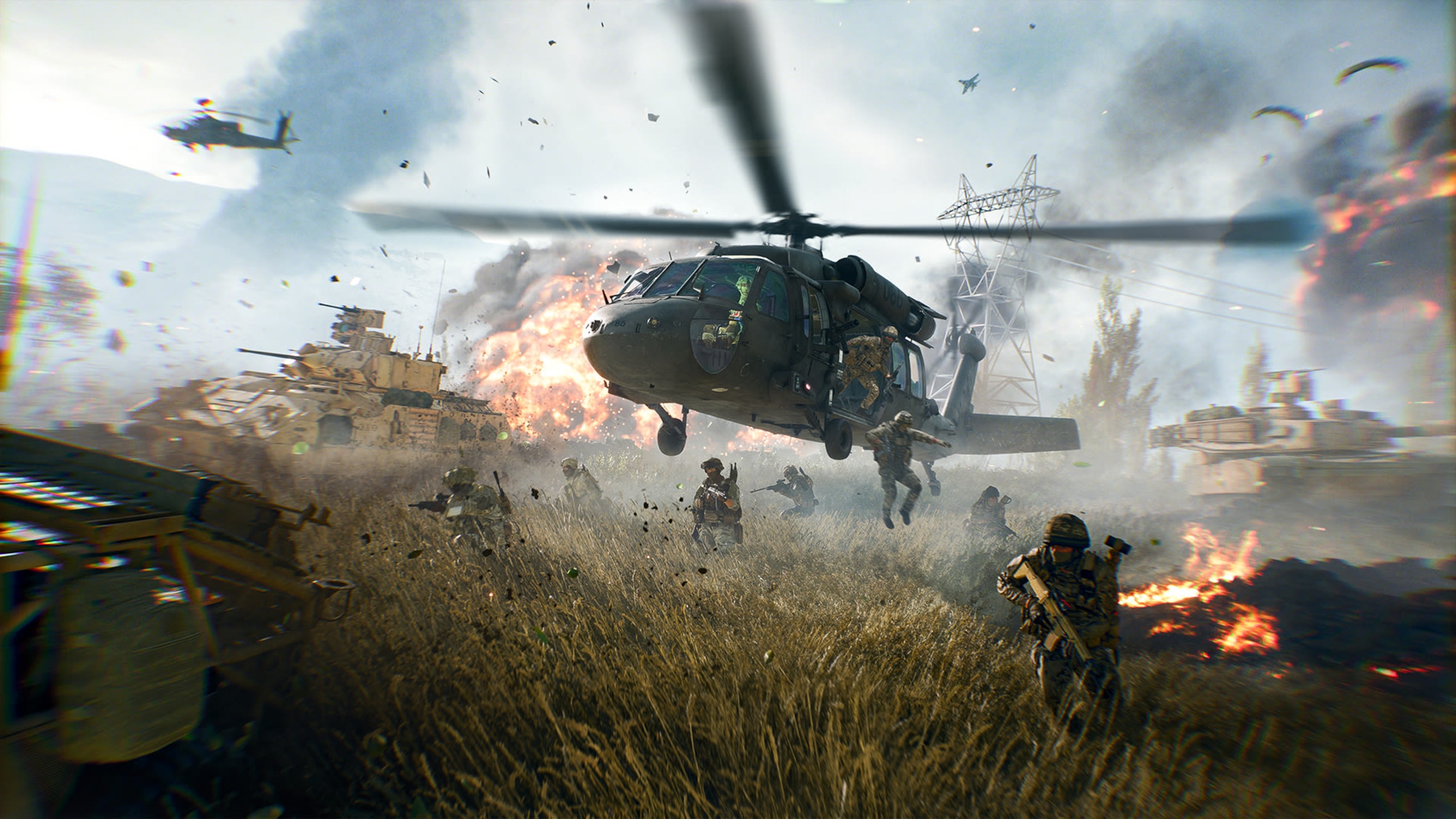 A helicopter landed among the warmth of the battle