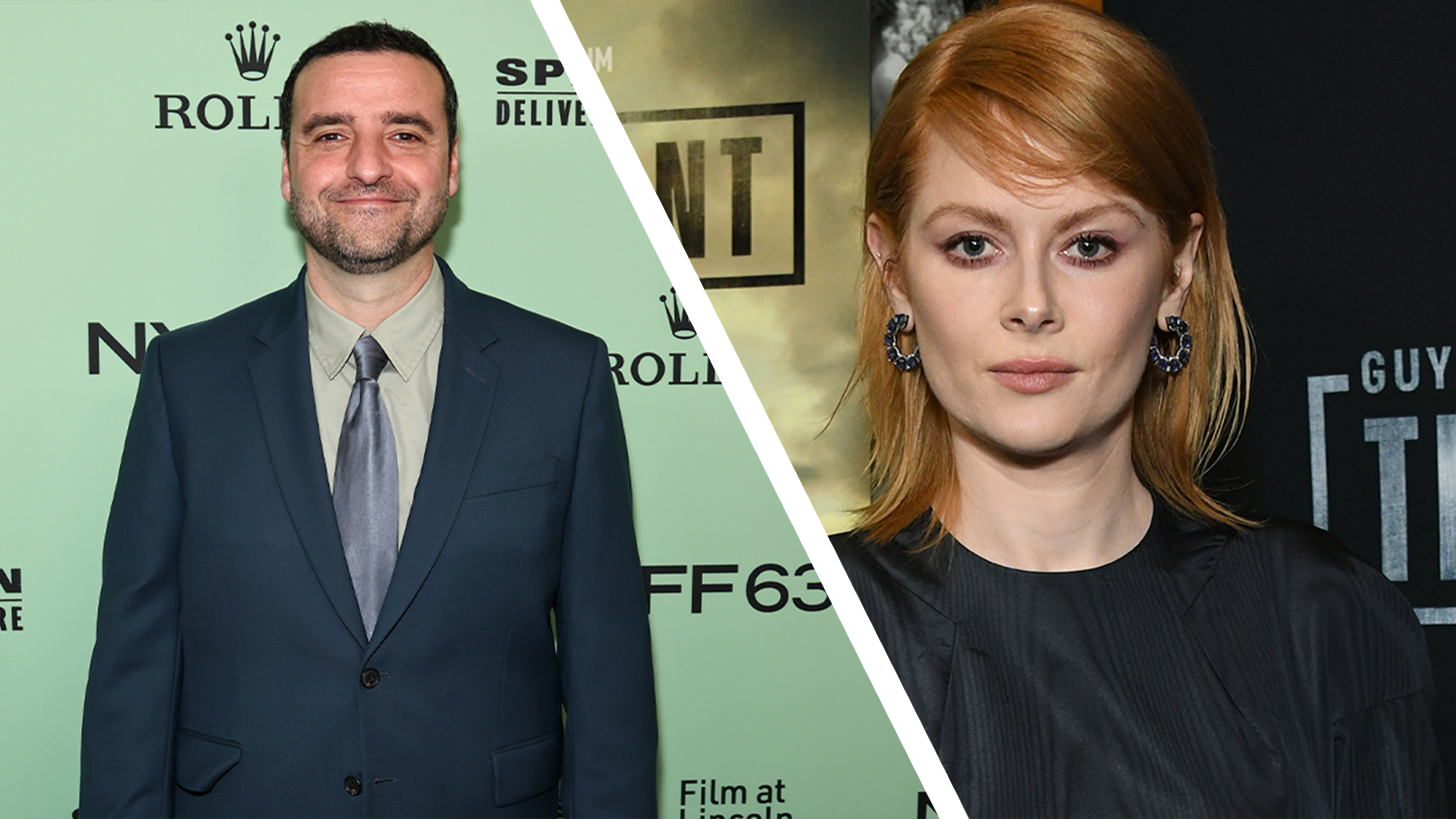 A collage showing David Krumholtz and Emily Beecham posing for photos during different events on the red carpet