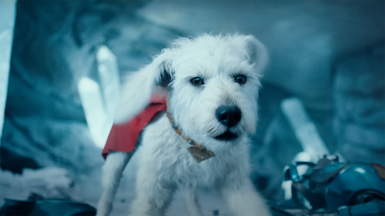 A close -up of Krypto the Superdog in combat position inside the fortress of solitude in Superman