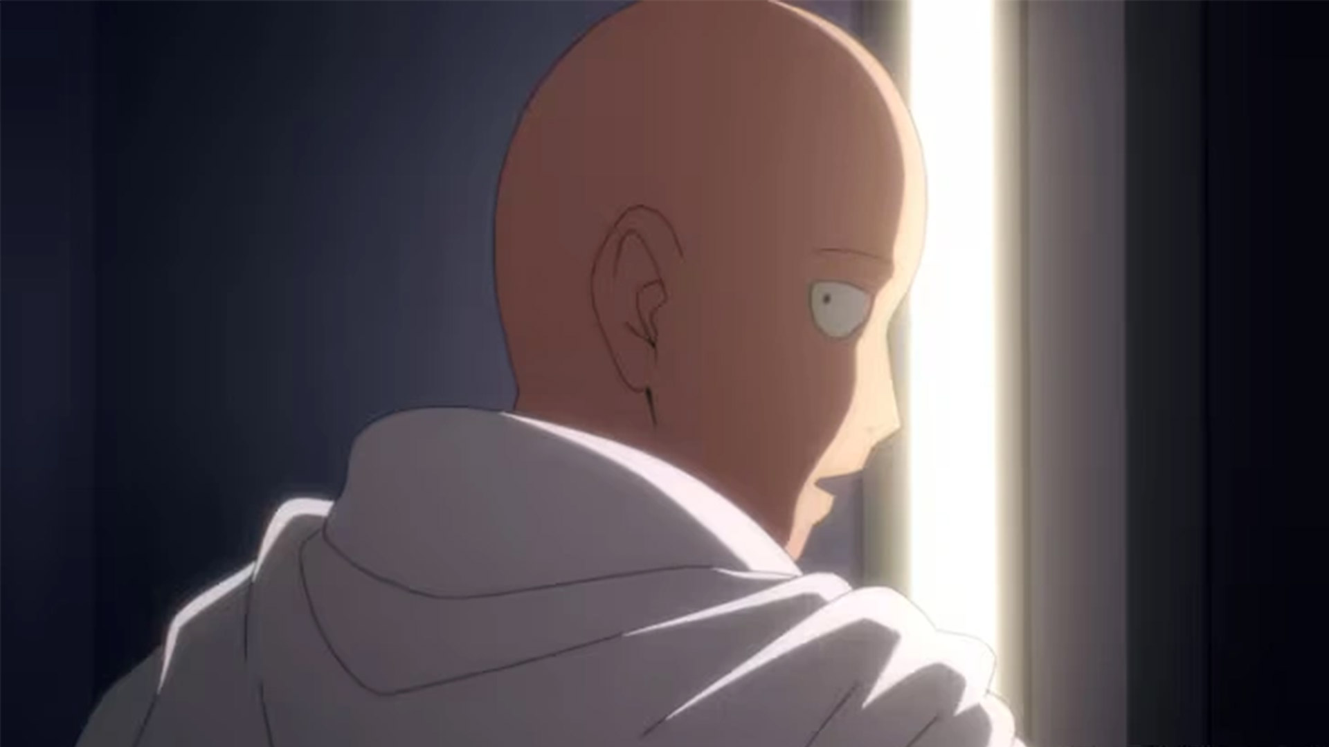An anime character looks behind them with a strip of light covering half of their face